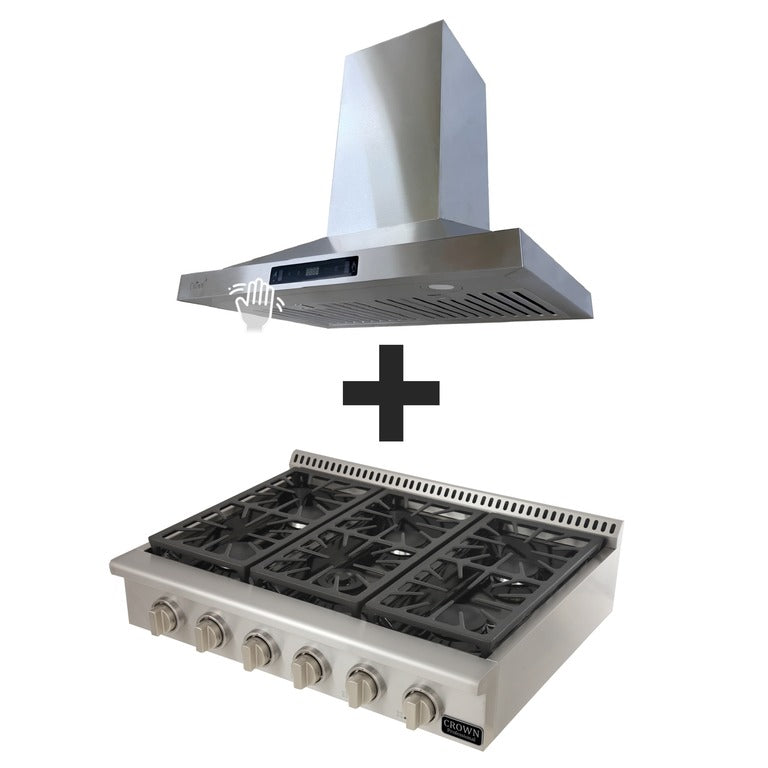 Crown 36" Gas Range top + Crown 36" Wall Mount Range Hood 2-PC Bundle Sets