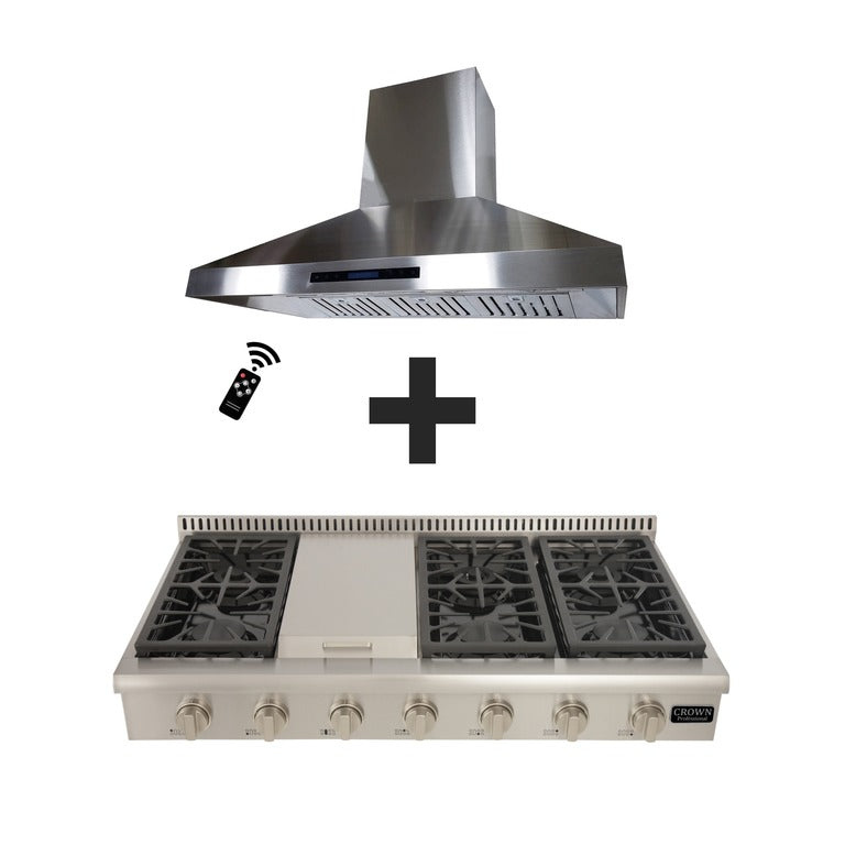 Crown 48" Gas Range top + Crown 48" Wall Mount Range Hood 2-PC Bundle Sets