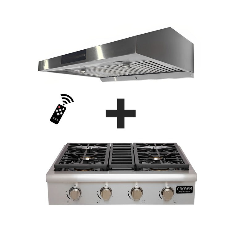 Crown 30" Gas Range top + Crown 30" Undermount Range Hood 2-PC Bundle Sets