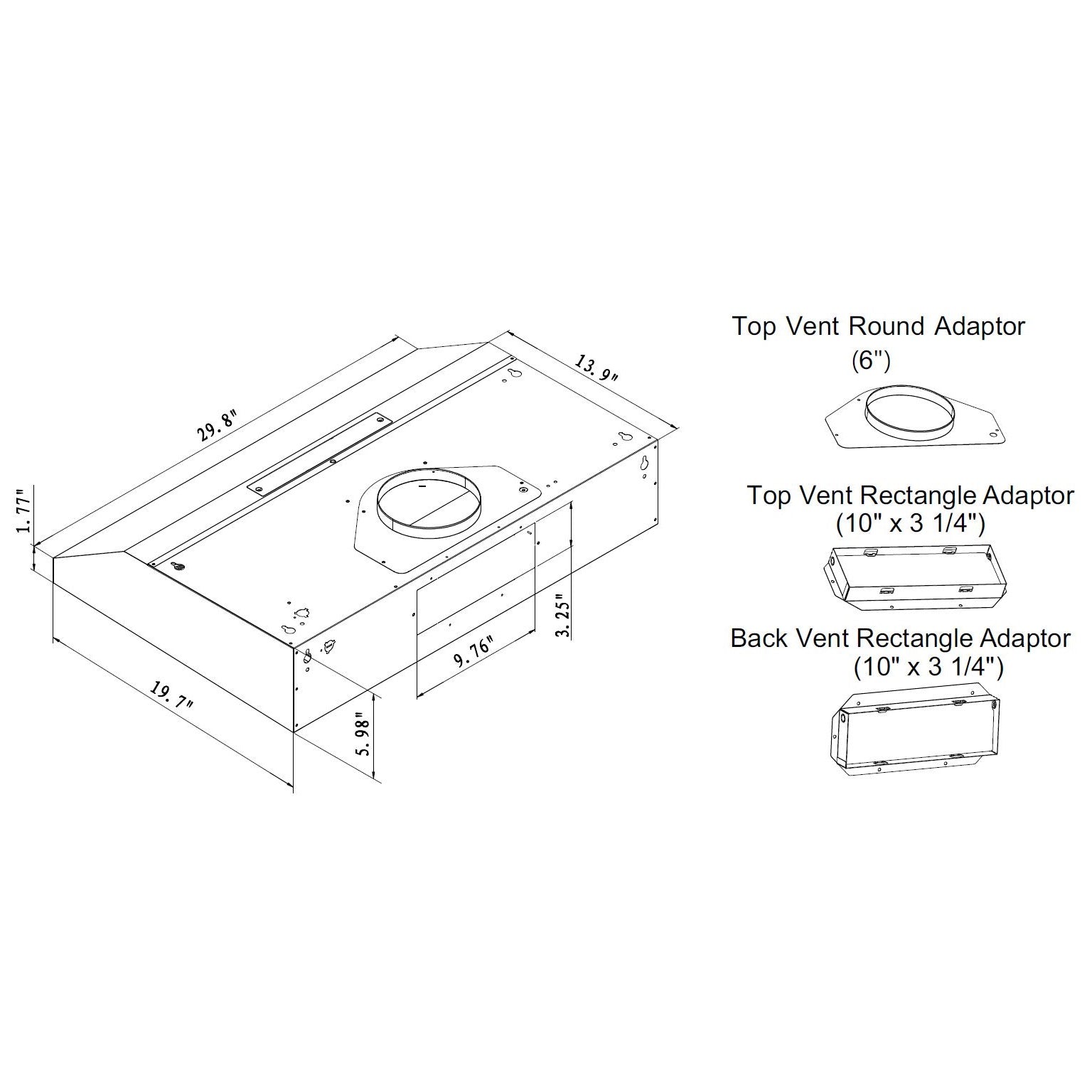 30" 500 CFM Under Cabinet Range Hood PRO-FT10 - Dimension