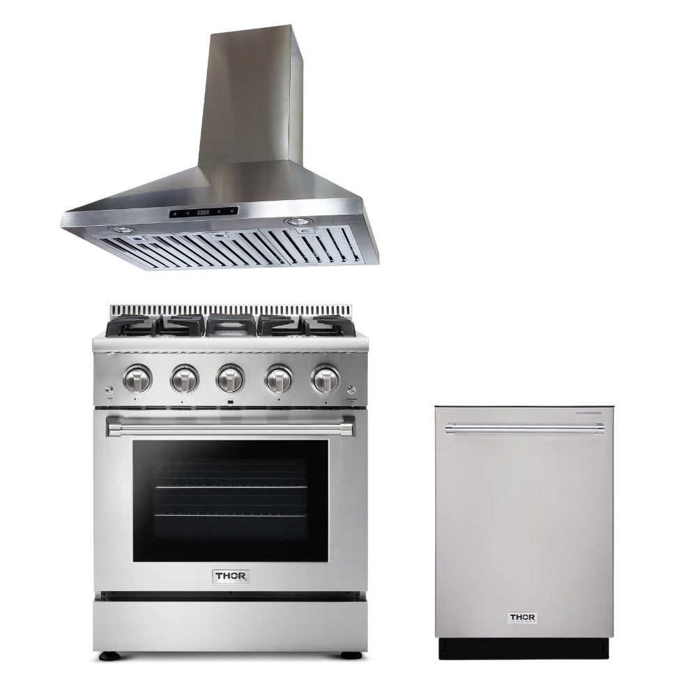 Thor Kitchen 30/36/48" Gas Range + Crown 30/36/48" Range Hoods + 24" Dishwasher 3-Pc Bundle Sets