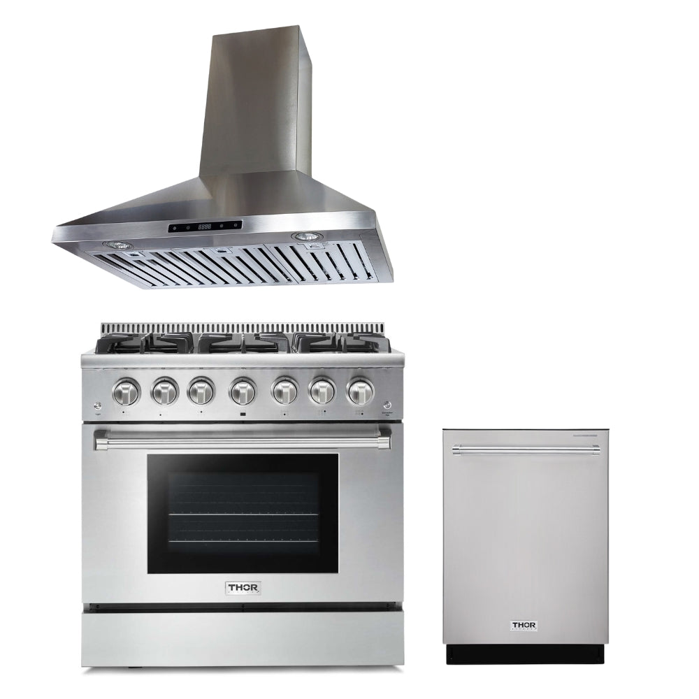 Thor Kitchen 30/36/48" Gas Range + Crown 30/36/48" Range Hoods + 24" Dishwasher 3-Pc Bundle Sets