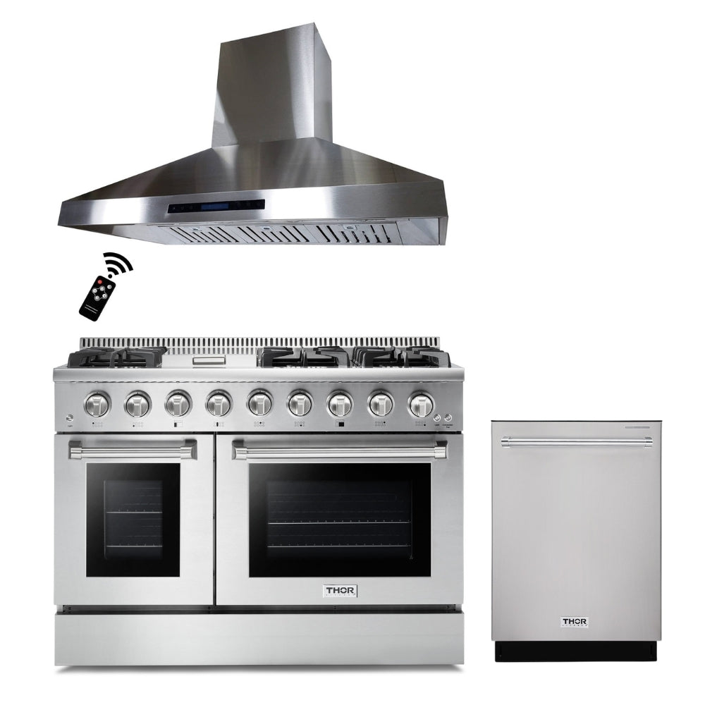 Thor Kitchen 30/36/48" Gas Range + Crown 30/36/48" Range Hoods + 24" Dishwasher 3-Pc Bundle Sets