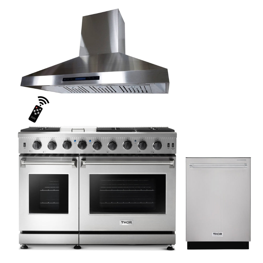 Thor Kitchen 30/36/48" Gas Range + Crown 30/36/48" Range Hoods + 24" Dishwasher 3-Pc Bundle Sets