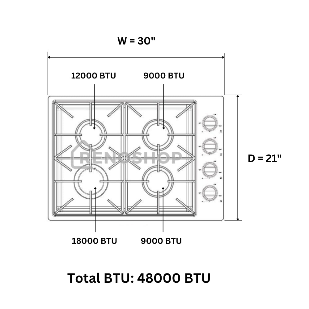 30" 4 Burner Drop-In Stainless Steel Gas Cooktop TGC3001