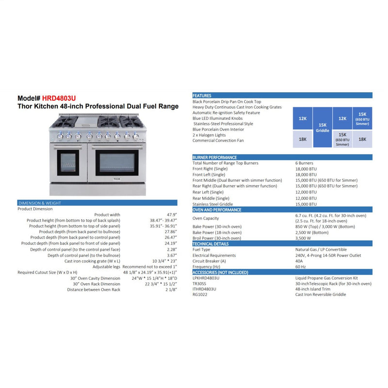 Thor Kitchen HRD4803U 2018 Model 48" Dual Fuel Double Oven Range - RenoShop