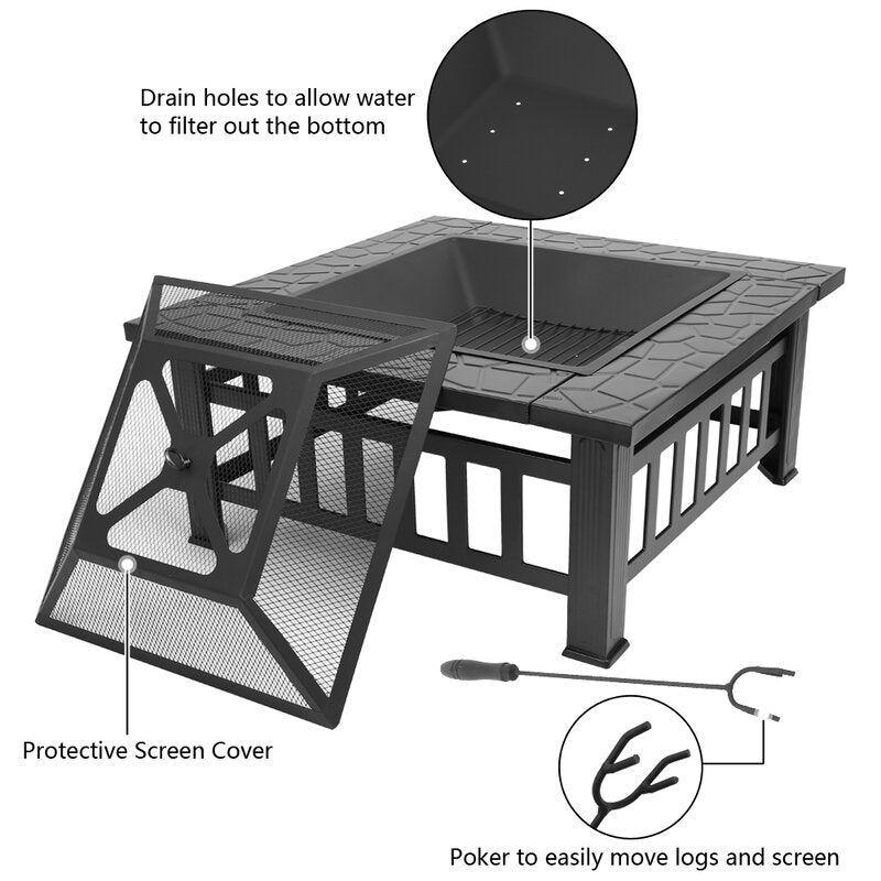 Crown Squared 32" Firepit, BBQ outdoor steel wood burning Fireplace