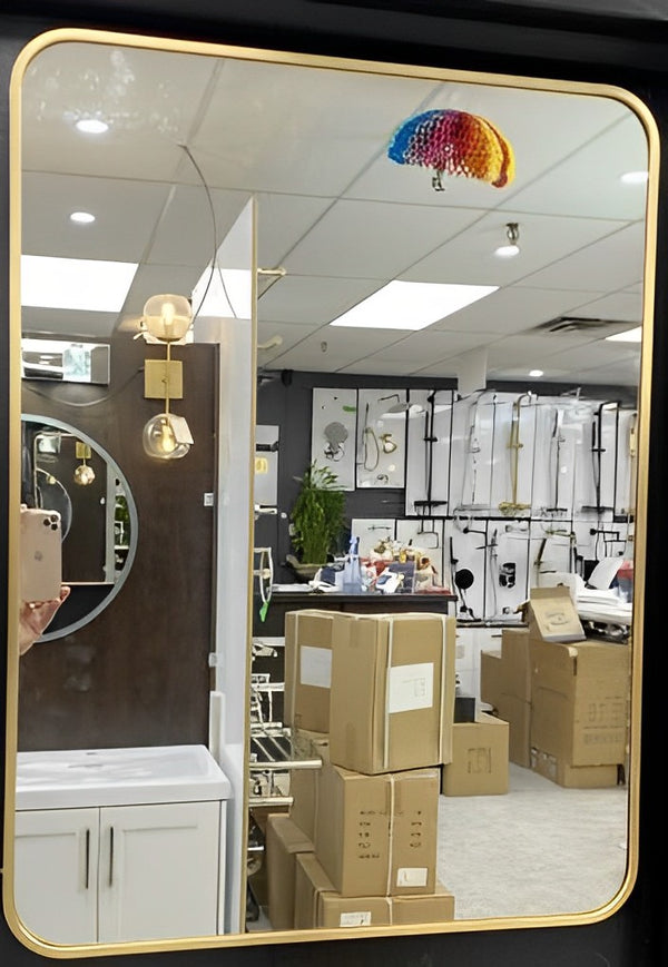 Rounded Corners Bathroom Mirror with Gold Frame - RenoShop